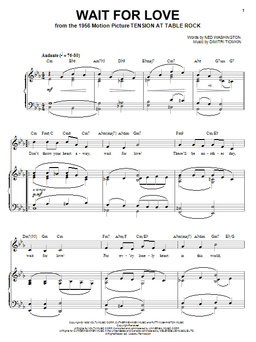 Dimitri Tiomkin Wait For Love Sheet Music Notes & Chords for Piano, Vocal & Guitar (Right-Hand Melody) - Download or Print PDF