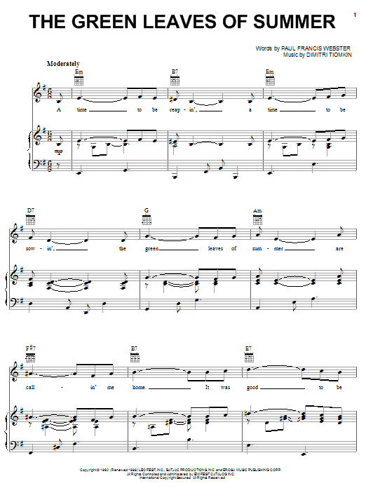 Preview Dimitri Tiomkin The Green Leaves Of Summer Film and TV sheet music, notes and chords for Piano, Vocal & Guitar (Right-Hand Melody), SKU: 70227 The Green Leaves Of Summer sheet music