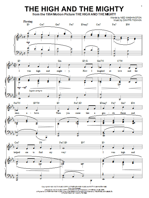 Preview Dimitri Tiomkin The High And The Mighty Film and TV sheet music, notes and chords for Piano, Vocal & Guitar (Right-Hand Melody), SKU: 70226 The High And The Mighty sheet music