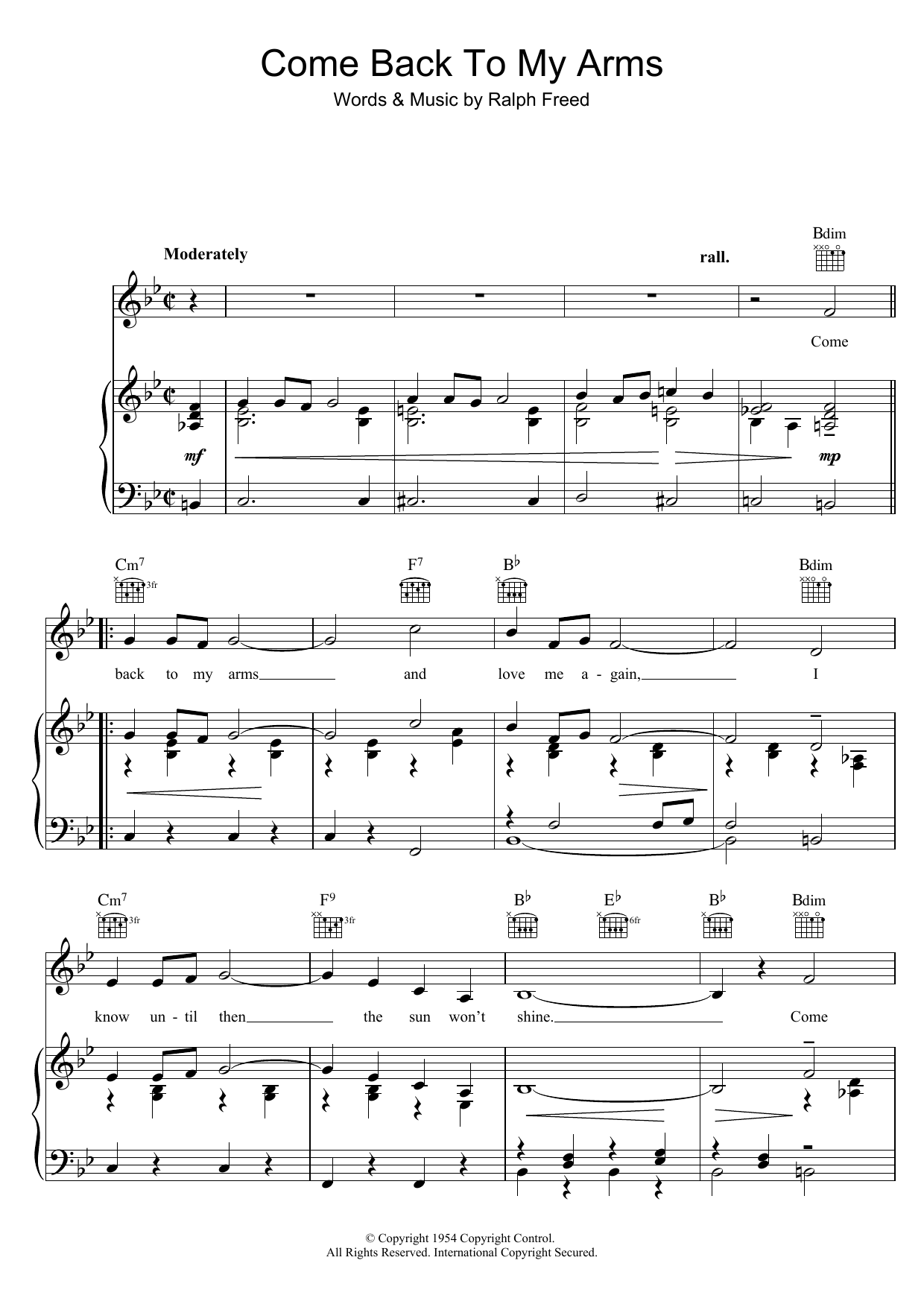 Dinah Shore Come Back To My Arms Sheet Music Notes & Chords for Piano, Vocal & Guitar (Right-Hand Melody) - Download or Print PDF