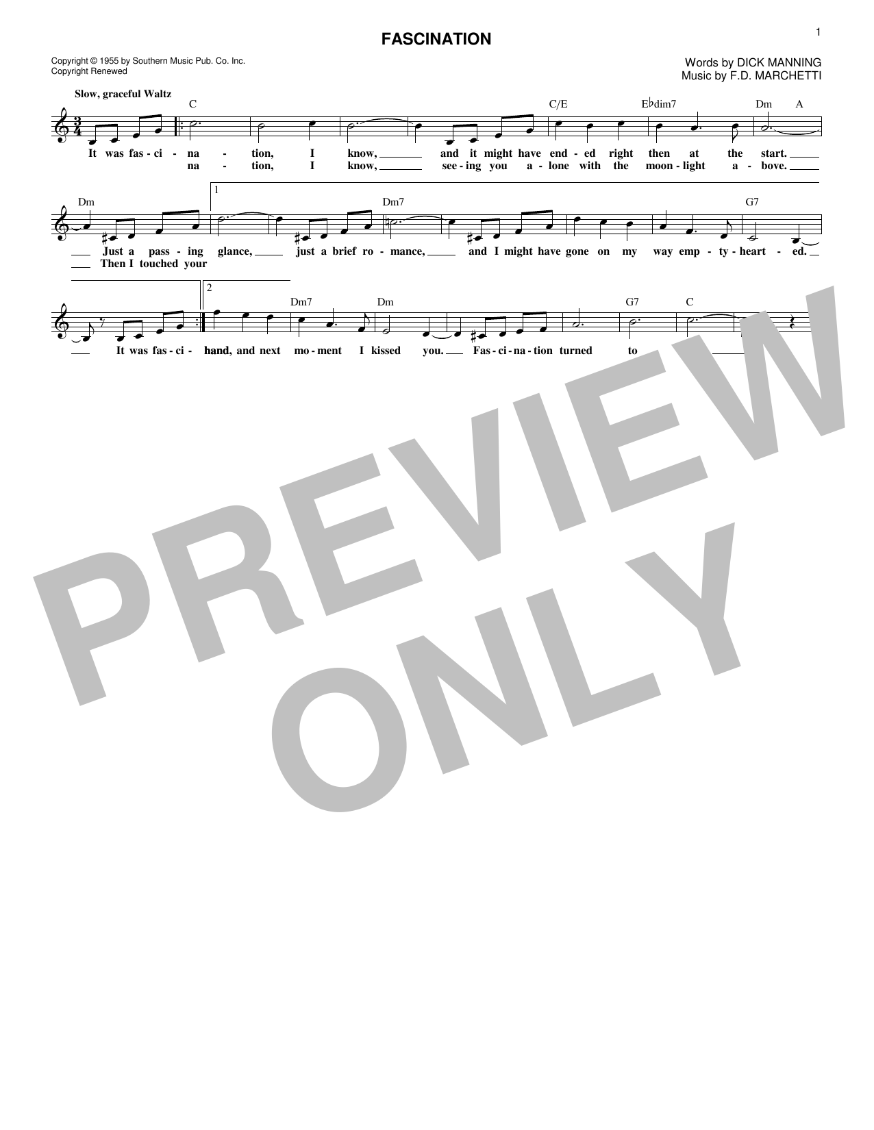 Dinah Shore Fascination Sheet Music Notes & Chords for Melody Line, Lyrics & Chords - Download or Print PDF