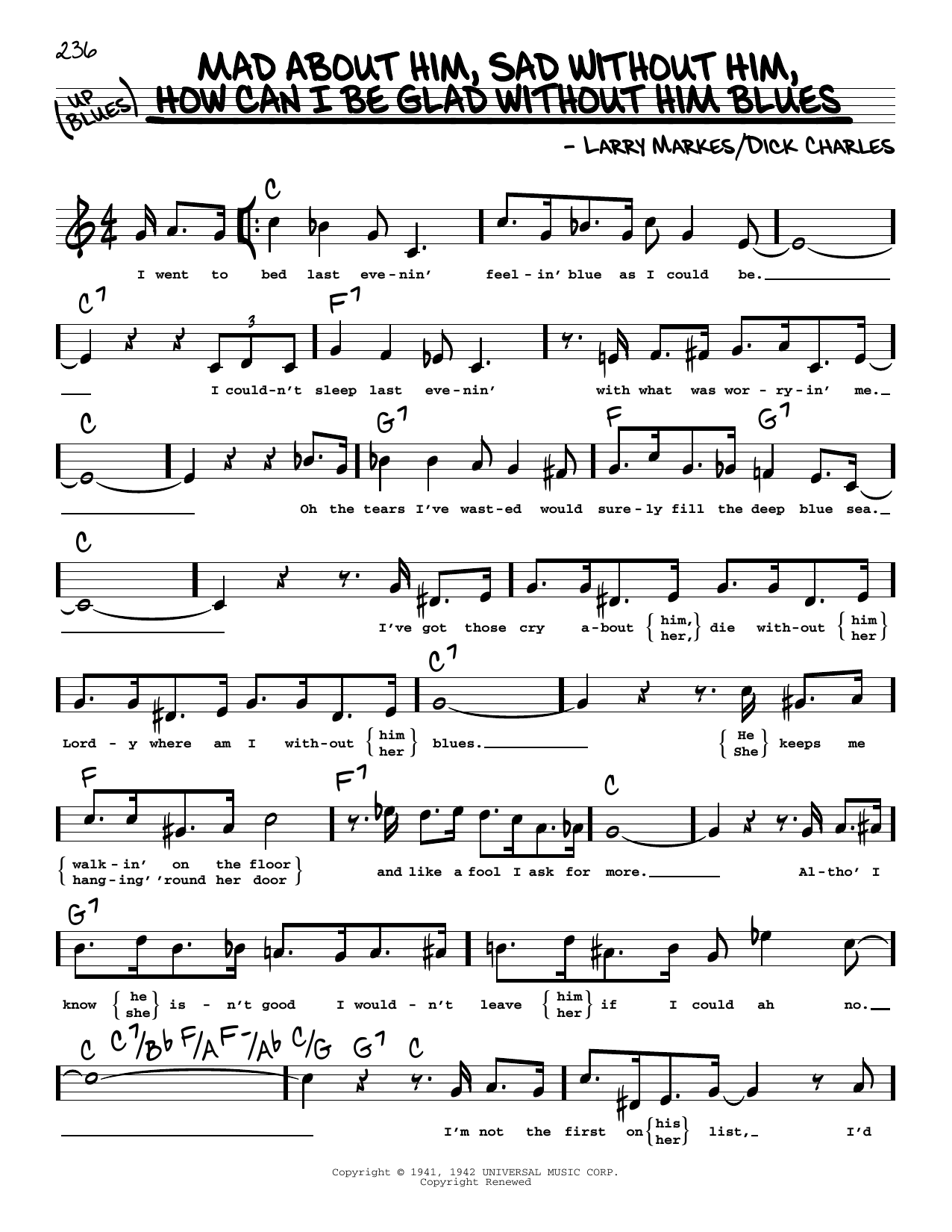 Dinah Shore Mad About Him, Sad Without Him, How Can I Be Glad Without Him Blues (High Voice) Sheet Music Notes & Chords for Real Book – Melody, Lyrics & Chords - Download or Print PDF