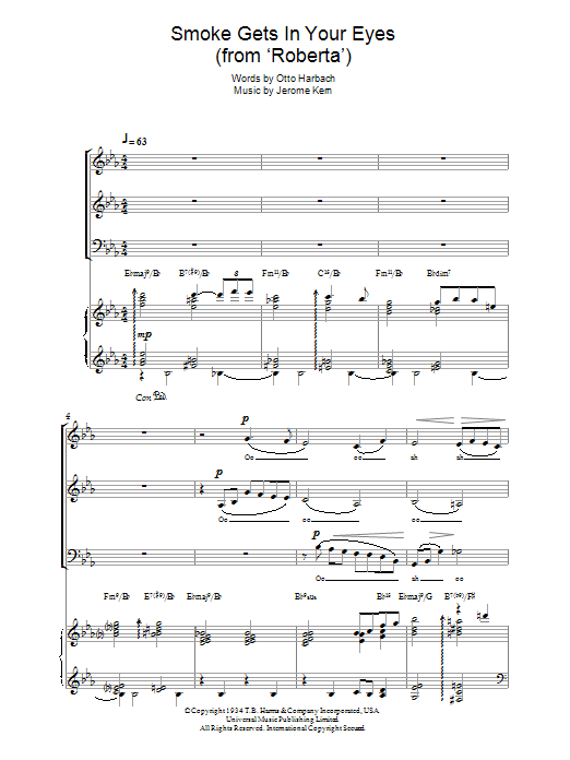 Dinah Washington Smoke Gets In Your Eyes (from 'Roberta') Sheet Music Notes & Chords for SAB - Download or Print PDF