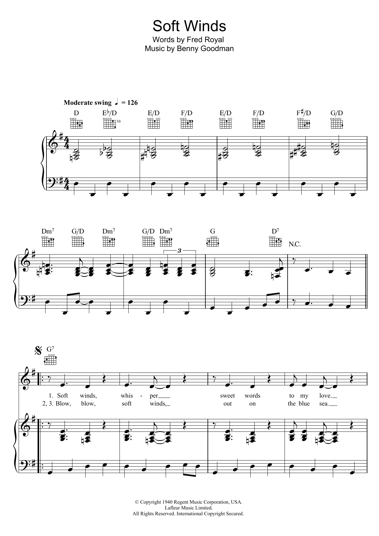 Dinah Washington Soft Winds Sheet Music Notes & Chords for Piano, Vocal & Guitar (Right-Hand Melody) - Download or Print PDF