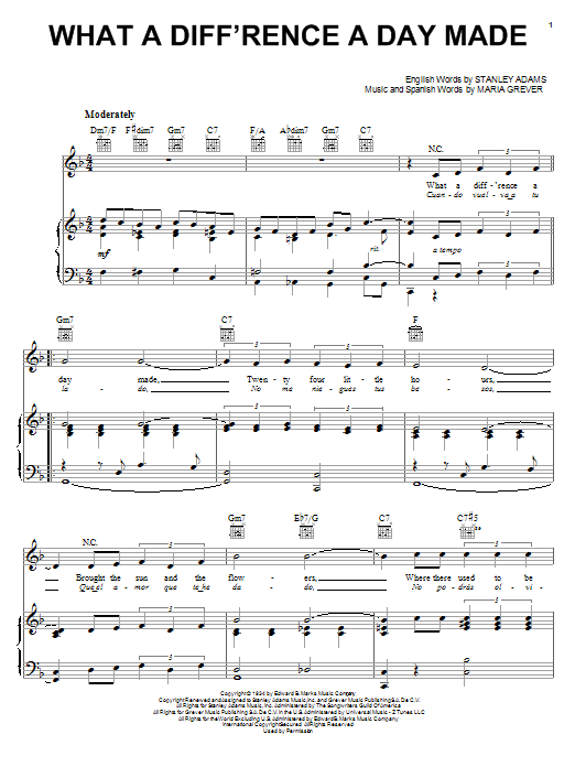 Dinah Washington What A Diff'rence A Day Made Sheet Music Notes & Chords for Piano, Vocal & Guitar (Right-Hand Melody) - Download or Print PDF