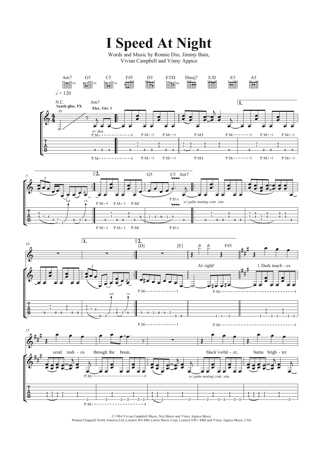 Dio I Speed At Night Sheet Music Notes & Chords for Guitar Tab - Download or Print PDF