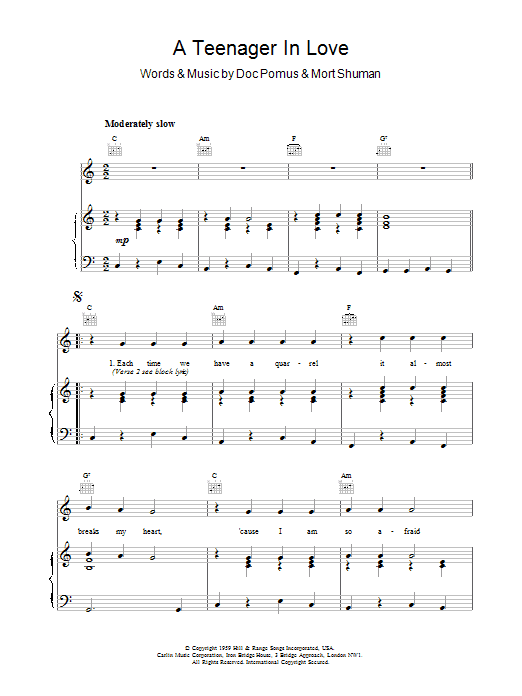 Dion & The Belmonts A Teenager In Love Sheet Music Notes & Chords for Chord Buddy - Download or Print PDF