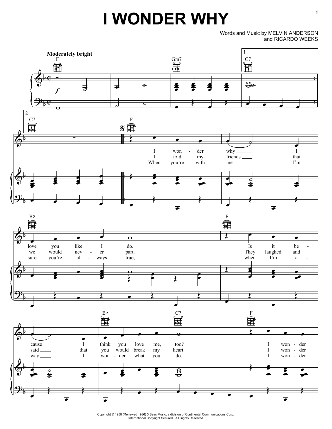 Dion & The Belmonts I Wonder Why Sheet Music Notes & Chords for Piano, Vocal & Guitar (Right-Hand Melody) - Download or Print PDF