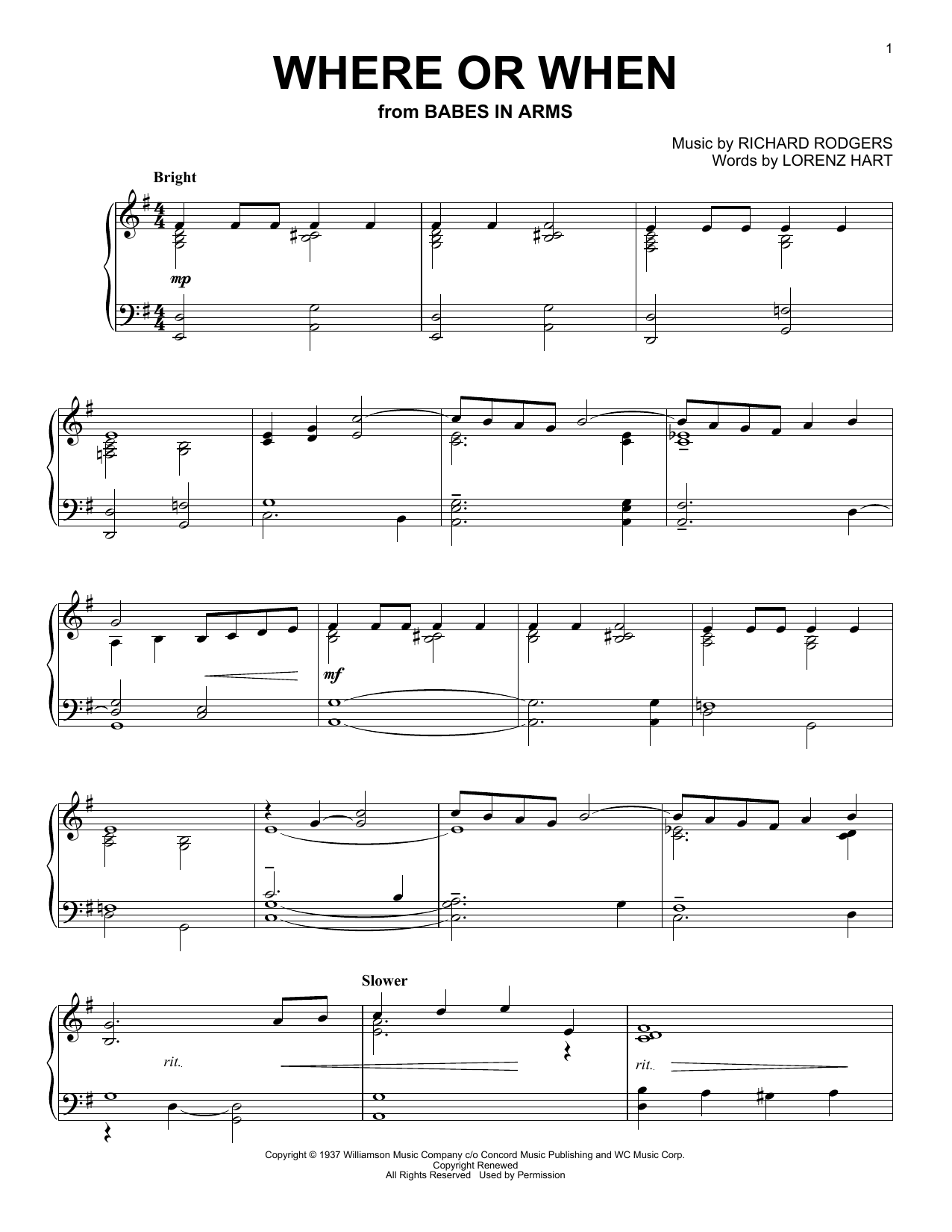Dion & The Belmonts Where Or When (from Babes In Arms) Sheet Music Notes & Chords for Piano Solo - Download or Print PDF