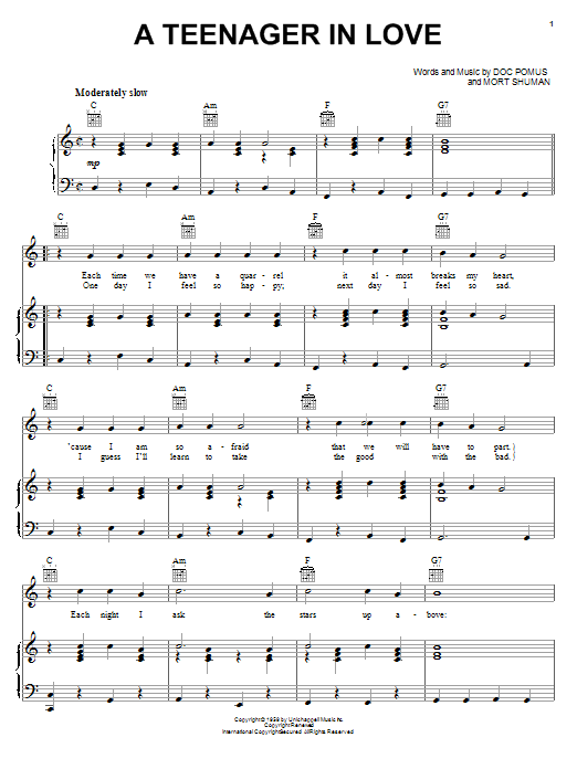 Preview Dion & The Belmonts A Teenager In Love Classics sheet music, notes and chords for Piano, Vocal & Guitar (Right-Hand Melody), SKU: 17690 sheet music, piano notes, chords, guitar tabs, score, transpose, transcribe, how to play, guide, download, learn, tutorial, progression, song, artist, awards, billboard, mtv, vh1, tour, single, album, release