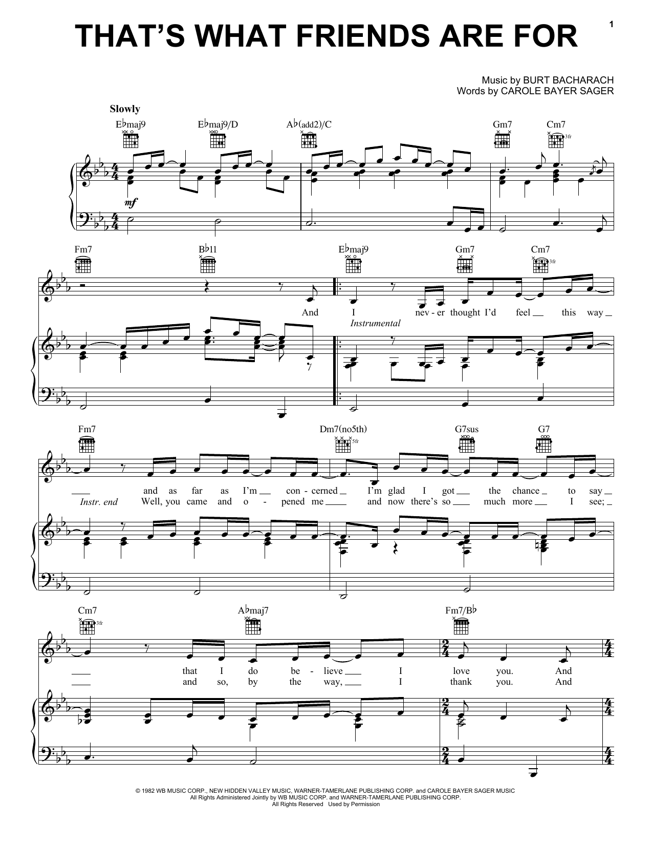 Carole Bayer Sager That's What Friends Are For Sheet Music Notes & Chords for Piano, Vocal & Guitar (Right-Hand Melody) - Download or Print PDF