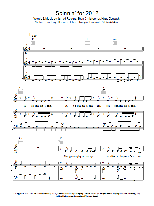 Dionne Bromfield & Tinchy Stryder Spinnin' For 2012 Sheet Music Notes & Chords for Piano, Vocal & Guitar (Right-Hand Melody) - Download or Print PDF