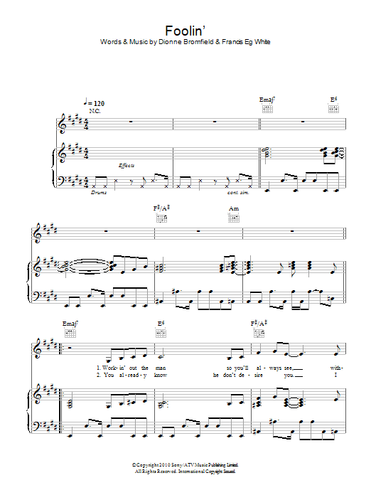 Dionne Bromfield Foolin' Sheet Music Notes & Chords for Piano, Vocal & Guitar (Right-Hand Melody) - Download or Print PDF