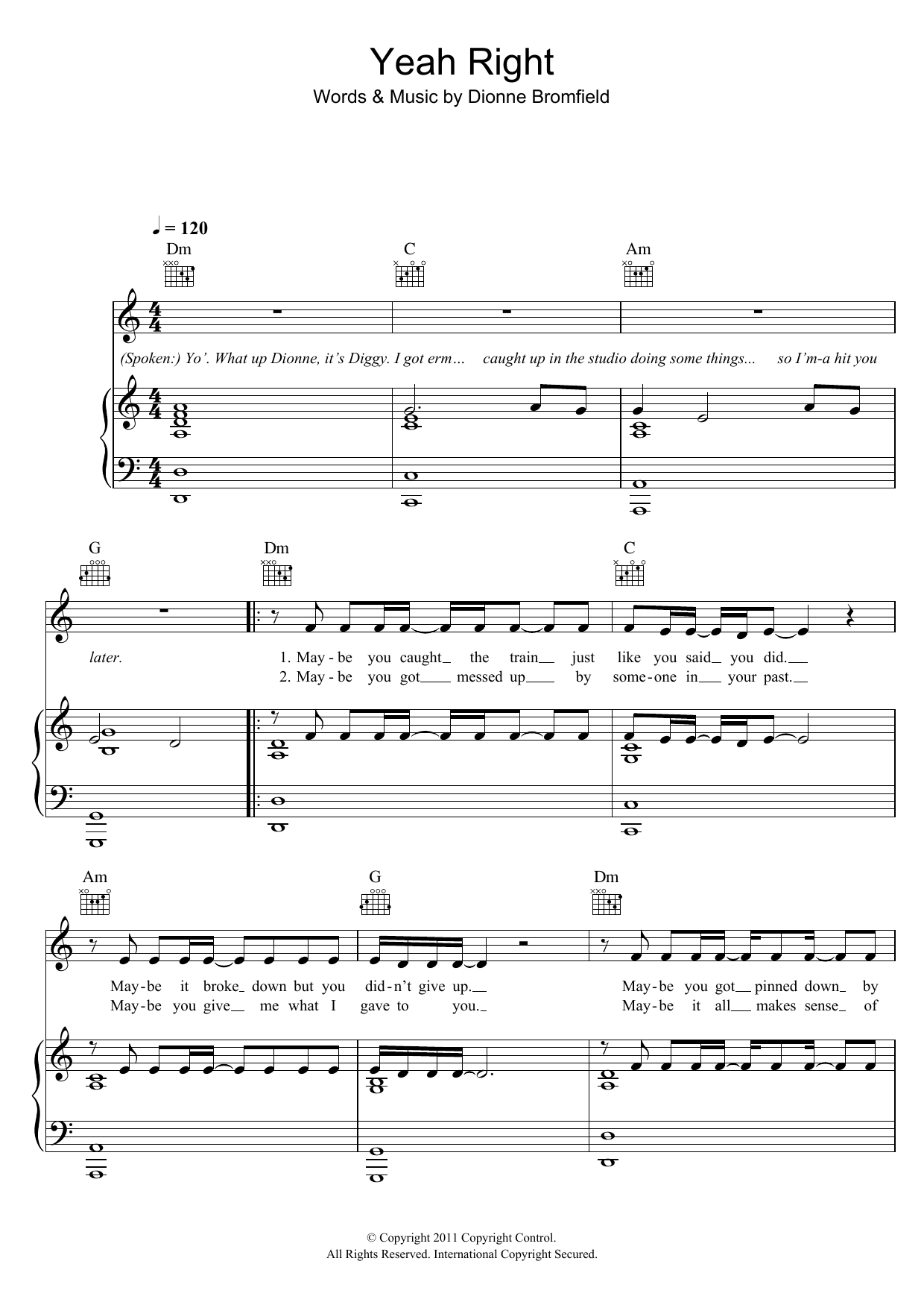 Dionne Bromfield Yeah Right Sheet Music Notes & Chords for Piano, Vocal & Guitar (Right-Hand Melody) - Download or Print PDF