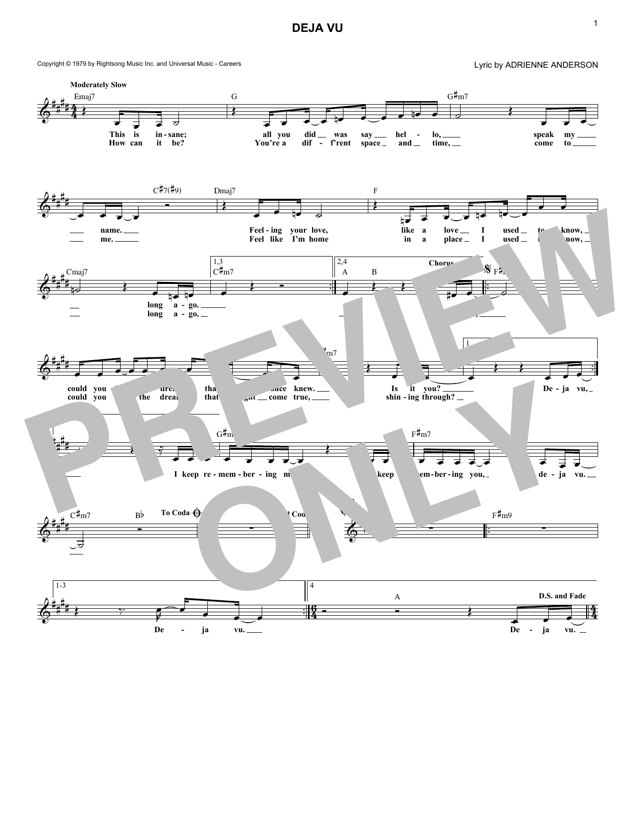 Dionne Warwick Deja Vu Sheet Music Notes & Chords for Melody Line, Lyrics & Chords - Download or Print PDF