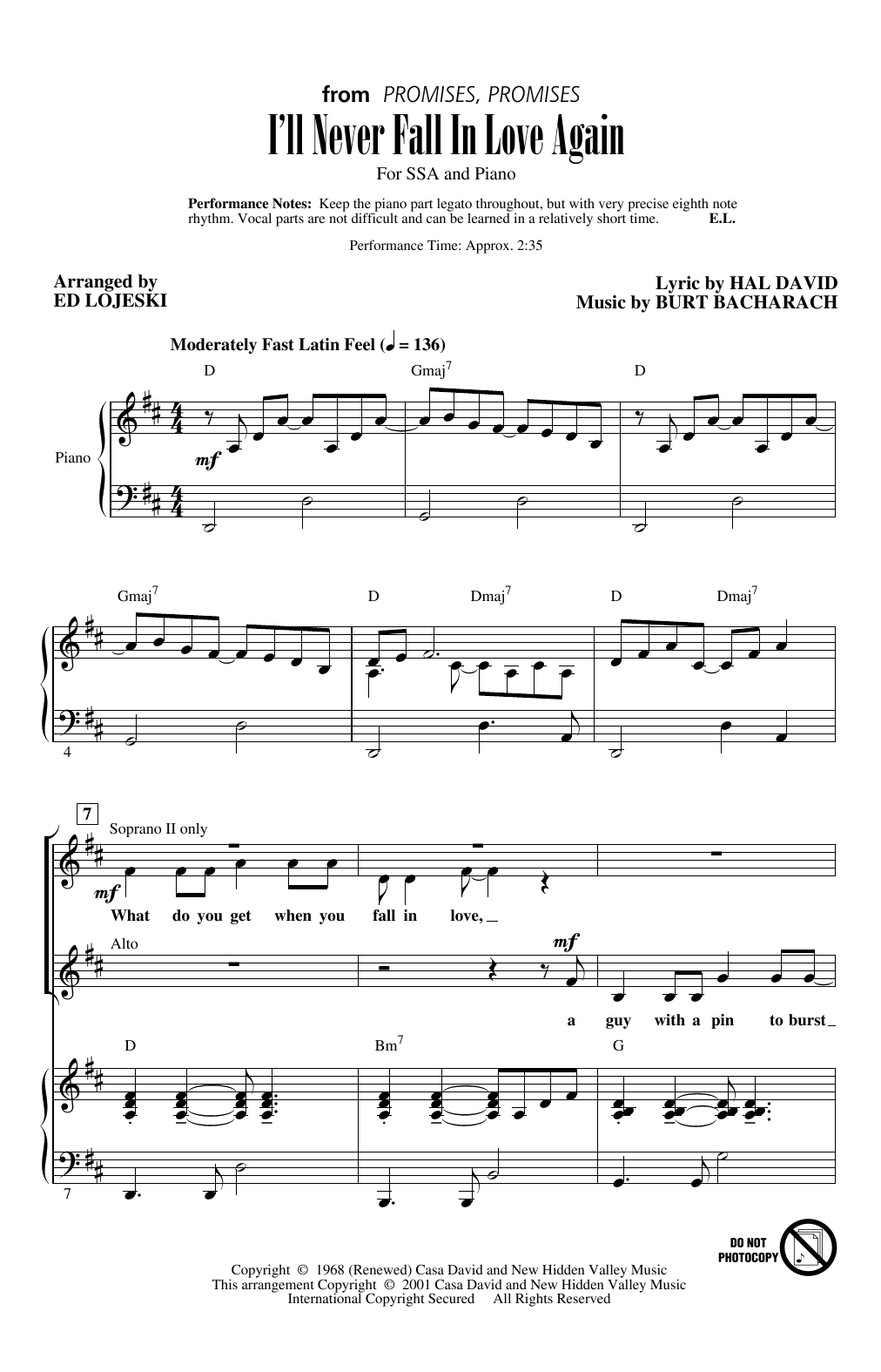 Dionne Warwick I'll Never Fall In Love Again (arr. Ed Lojeski) Sheet Music Notes & Chords for SSA Choir - Download or Print PDF