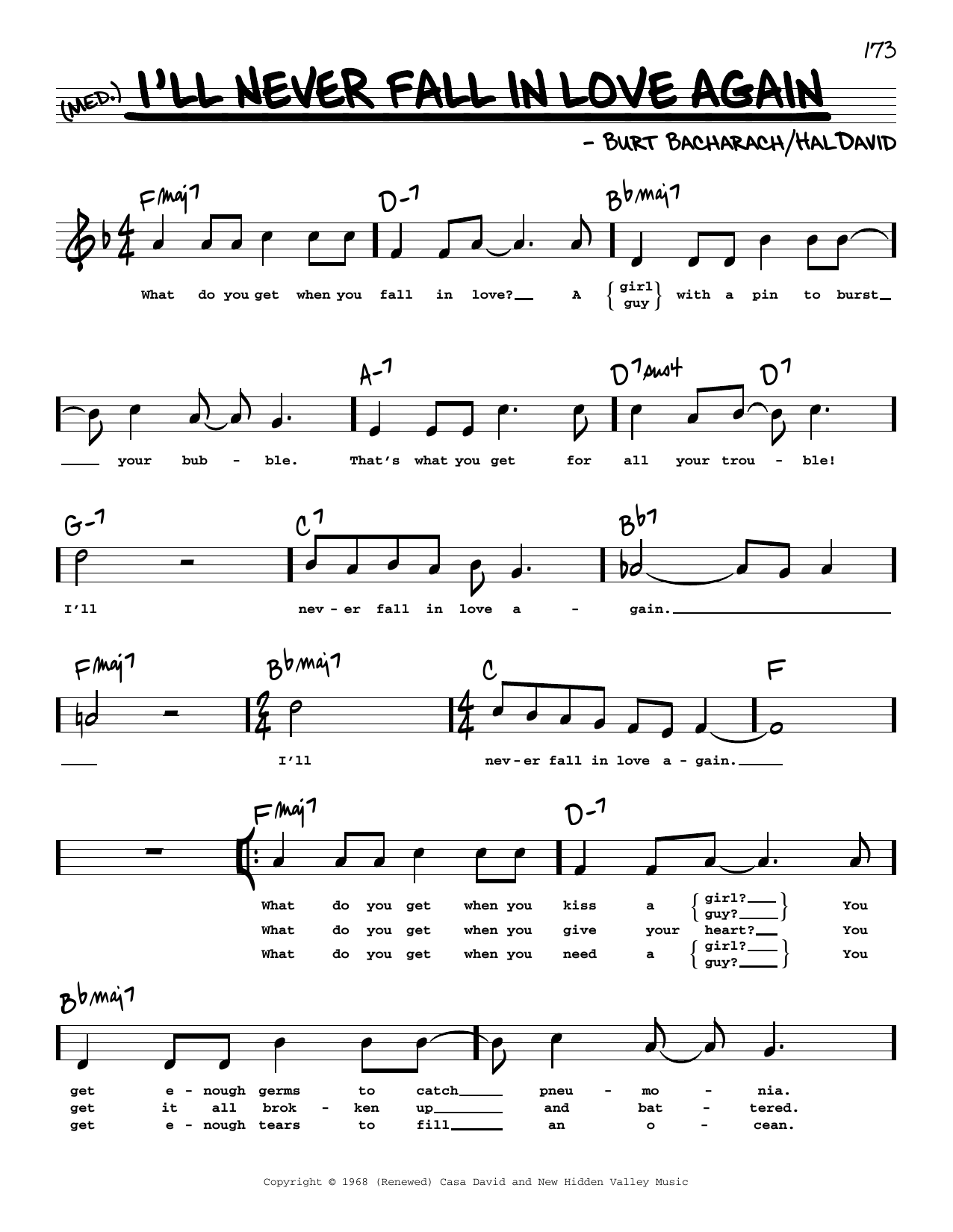 Dionne Warwick I'll Never Fall In Love Again (High Voice) (from Promises, Promises) Sheet Music Notes & Chords for Real Book – Melody, Lyrics & Chords - Download or Print PDF