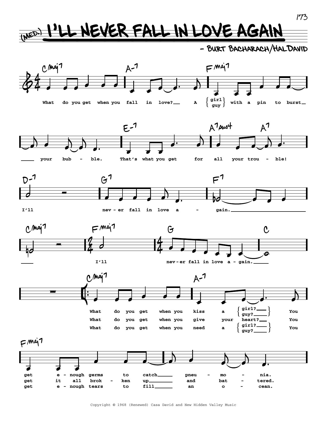 Dionne Warwick I'll Never Fall In Love Again (Low Voice) Sheet Music Notes & Chords for Real Book – Melody, Lyrics & Chords - Download or Print PDF