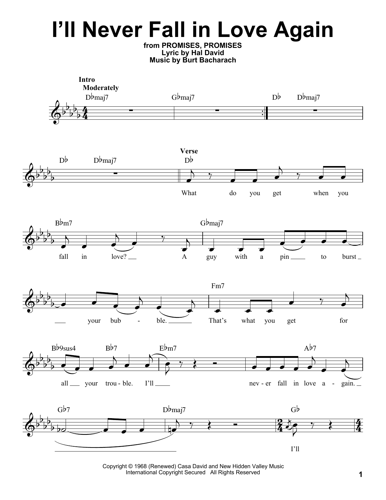 Dionne Warwick I'll Never Fall In Love Again Sheet Music Notes & Chords for Real Book – Melody & Chords - Download or Print PDF