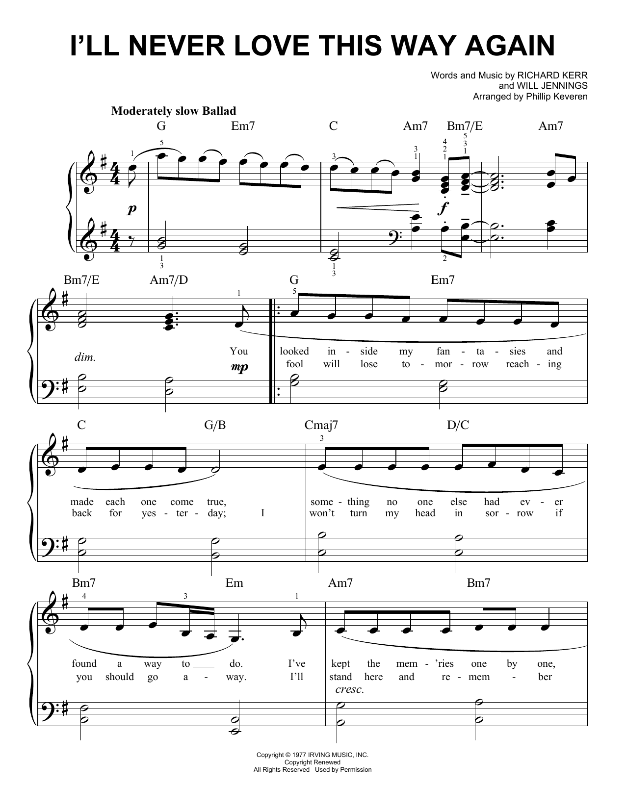 Dionne Warwick I'll Never Love This Way Again (arr. Phillip Keveren) Sheet Music Notes & Chords for Easy Piano - Download or Print PDF