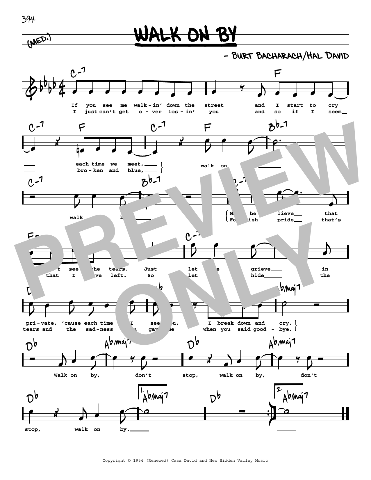 Dionne Warwick Walk On By (High Voice) Sheet Music Notes & Chords for Real Book – Melody, Lyrics & Chords - Download or Print PDF