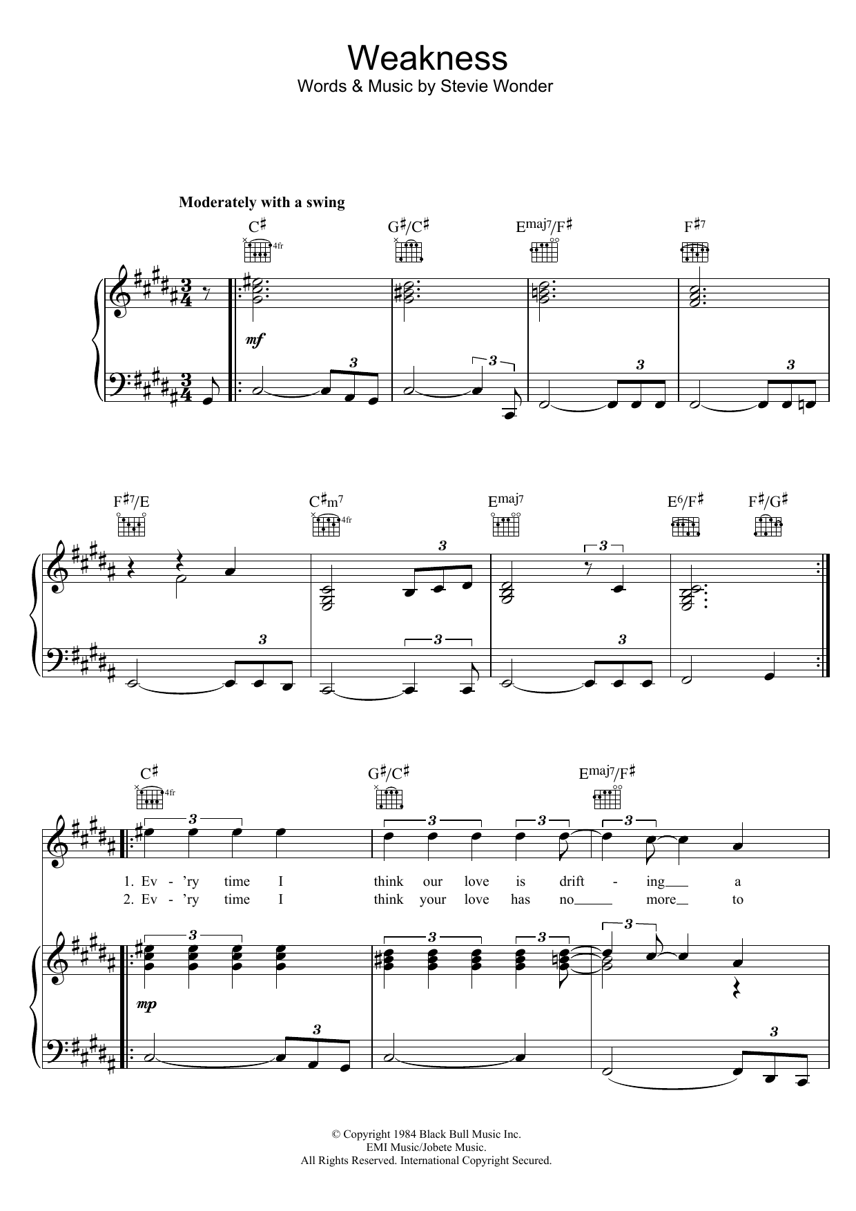 Dionne Warwick Weakness Sheet Music Notes & Chords for Piano, Vocal & Guitar (Right-Hand Melody) - Download or Print PDF