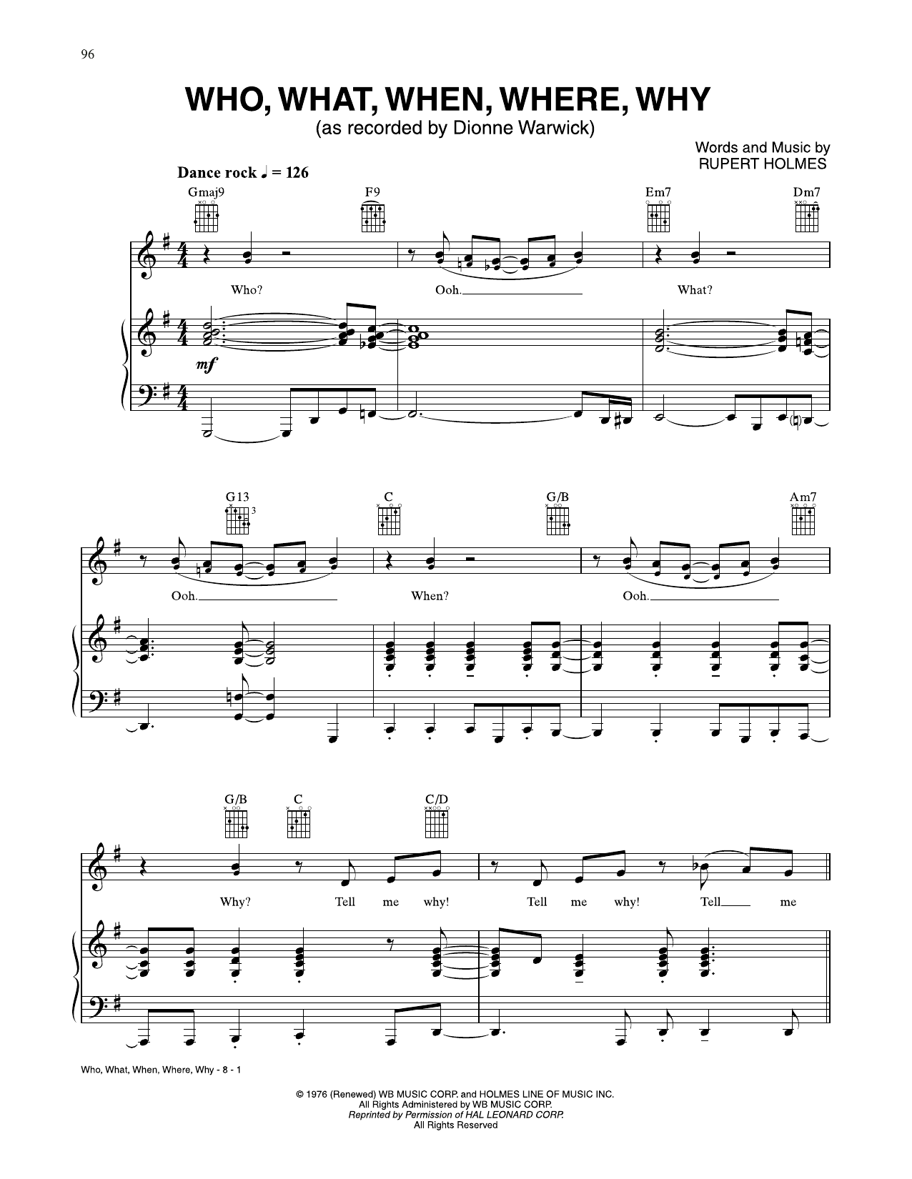 Dionne Warwick Who, What, When, Where, Why Sheet Music Notes & Chords for Piano, Vocal & Guitar Chords (Right-Hand Melody) - Download or Print PDF