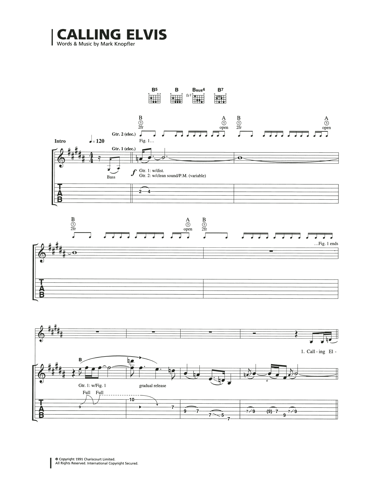 Dire Straits Calling Elvis Sheet Music Notes & Chords for Guitar Tab - Download or Print PDF