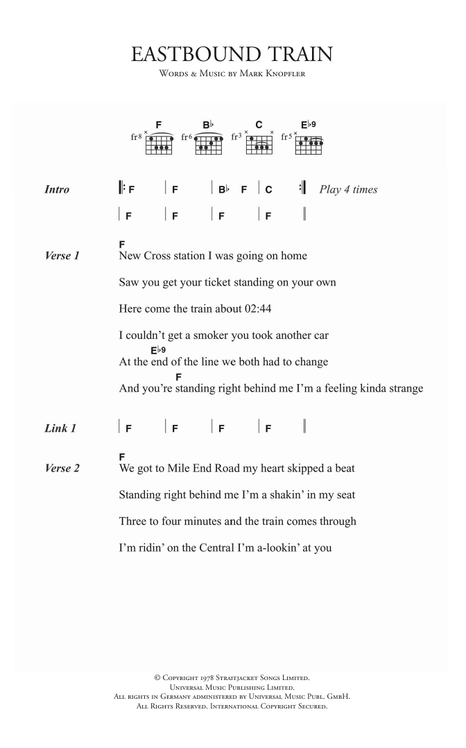 Dire Straits Eastbound Train Sheet Music Notes & Chords for Lyrics & Chords - Download or Print PDF