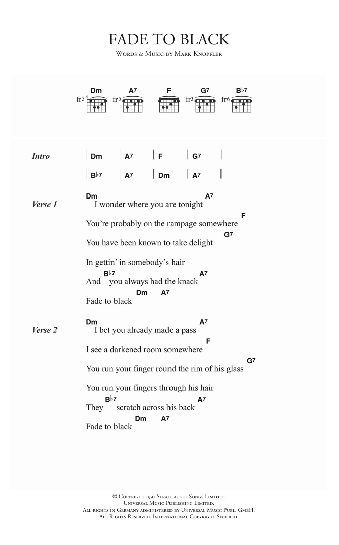 Dire Straits Fade To Black Sheet Music Notes & Chords for Lyrics & Chords - Download or Print PDF