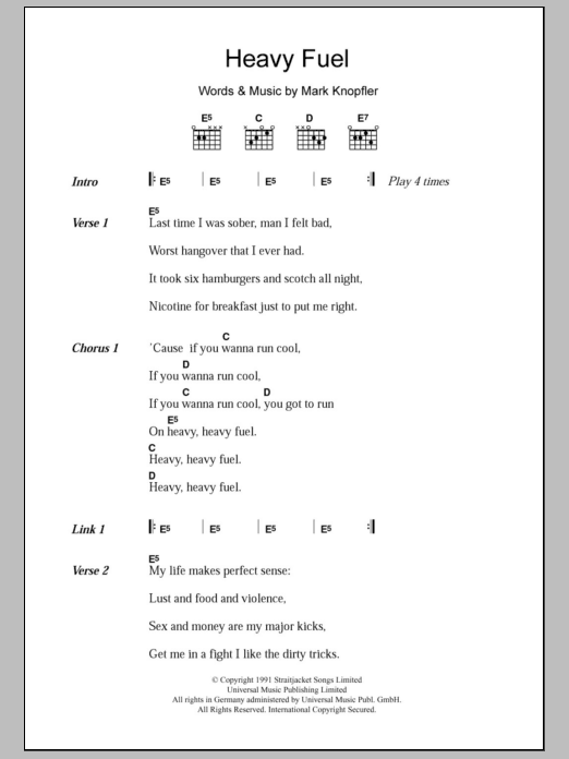 Dire Straits Heavy Fuel Sheet Music Notes & Chords for Lyrics & Chords - Download or Print PDF