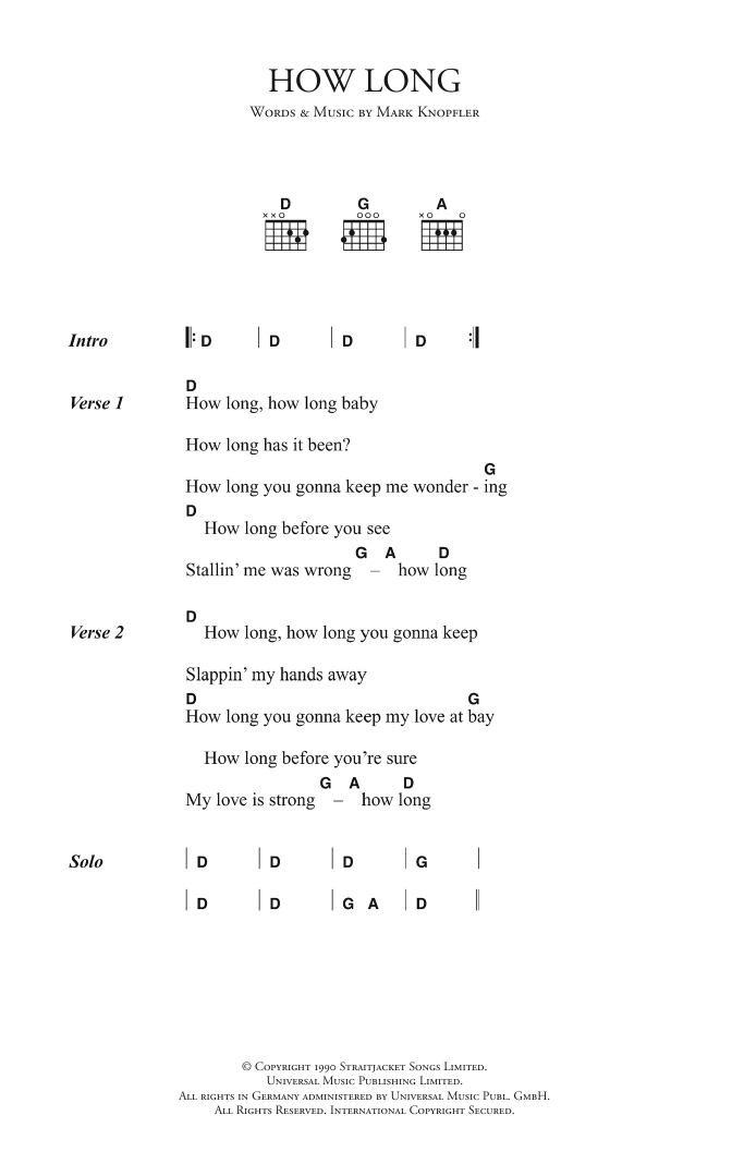 Dire Straits How Long Sheet Music Notes & Chords for Lyrics & Chords - Download or Print PDF