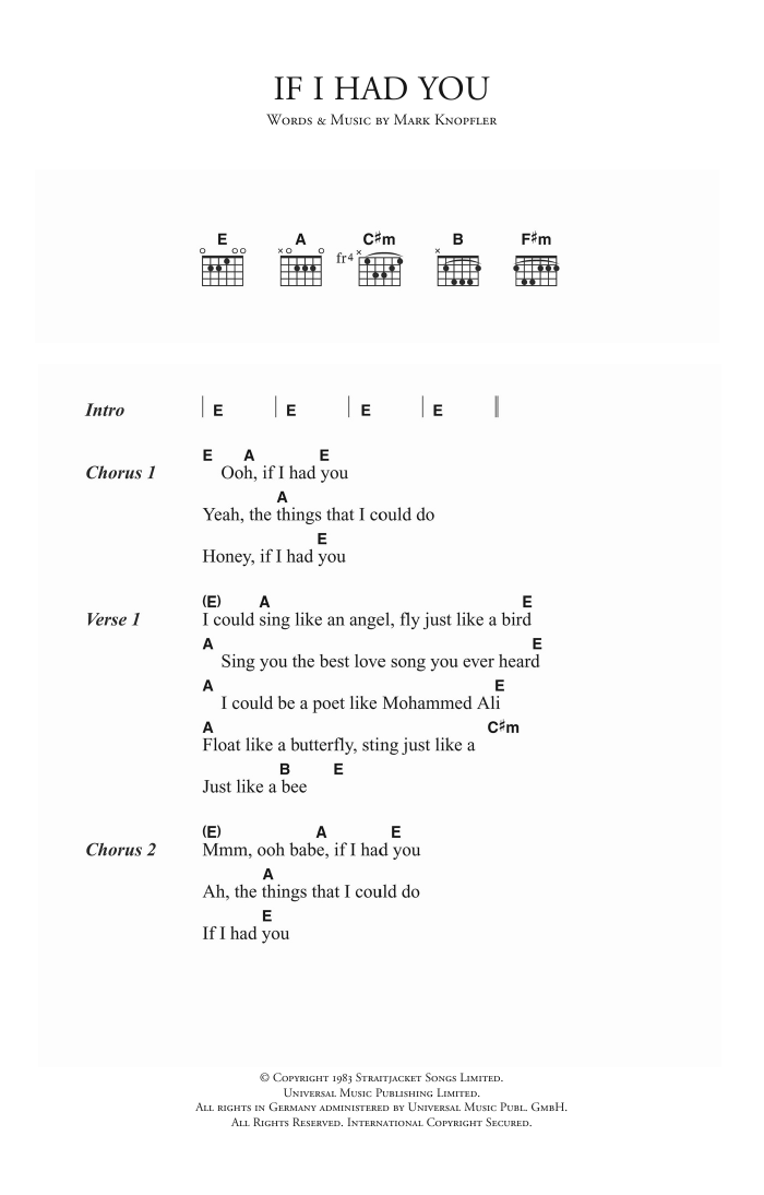 Dire Straits If I Had You Sheet Music Notes & Chords for Lyrics & Chords - Download or Print PDF