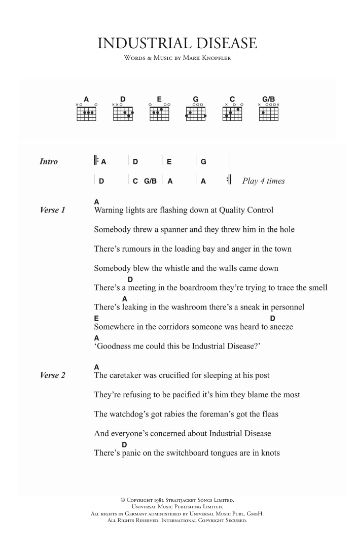 Dire Straits Industrial Disease Sheet Music Notes & Chords for Lyrics & Chords - Download or Print PDF