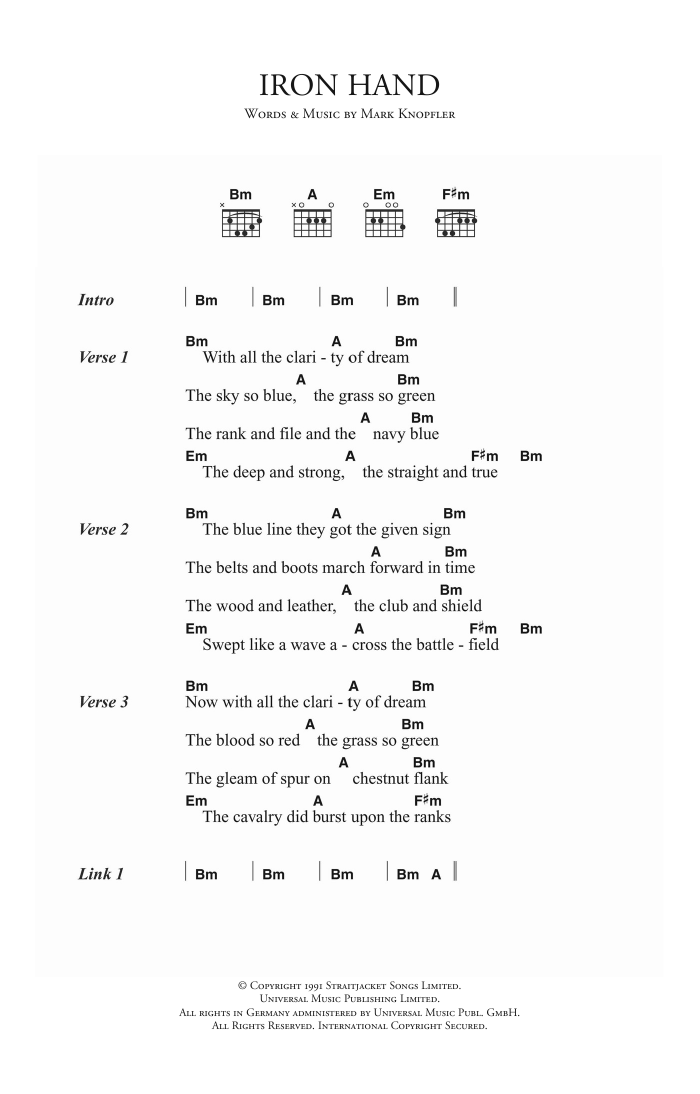 Dire Straits Iron Hand Sheet Music Notes & Chords for Lyrics & Chords - Download or Print PDF