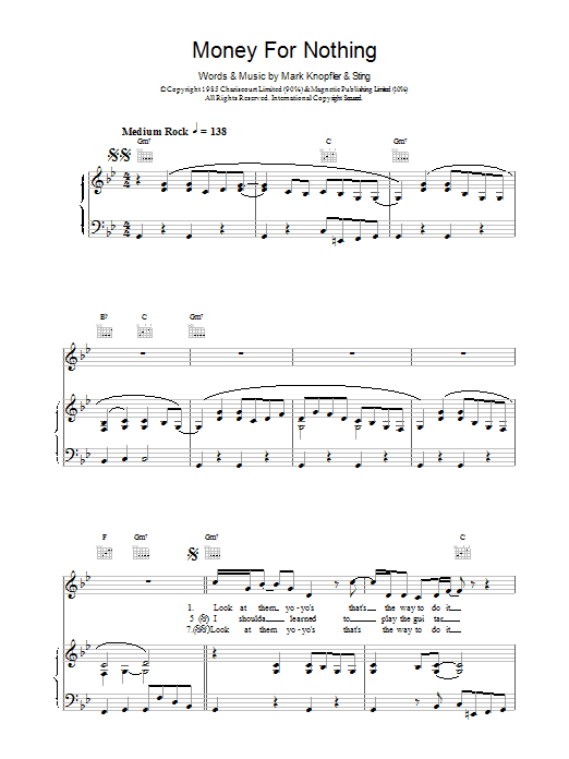 Dire Straits Money For Nothing Sheet Music Notes & Chords for Easy Guitar Tab - Download or Print PDF