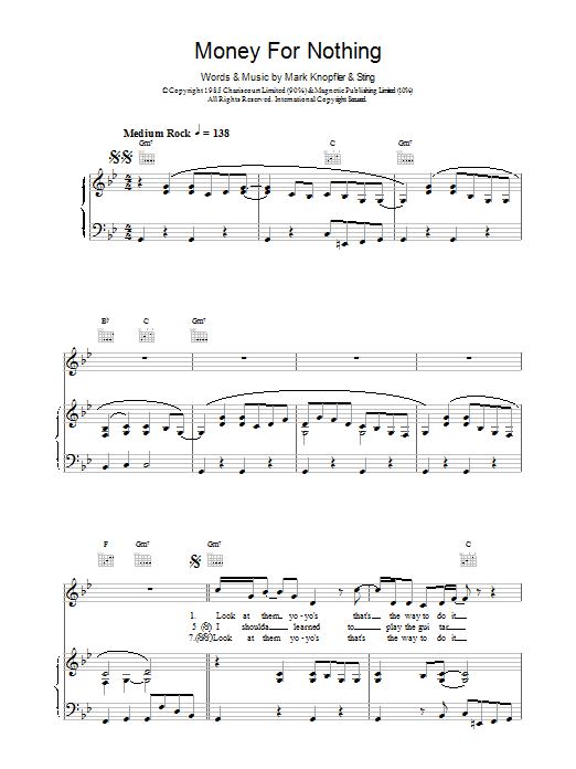 Dire Straits Money For Nothing Sheet Music Notes & Chords for Keyboard - Download or Print PDF