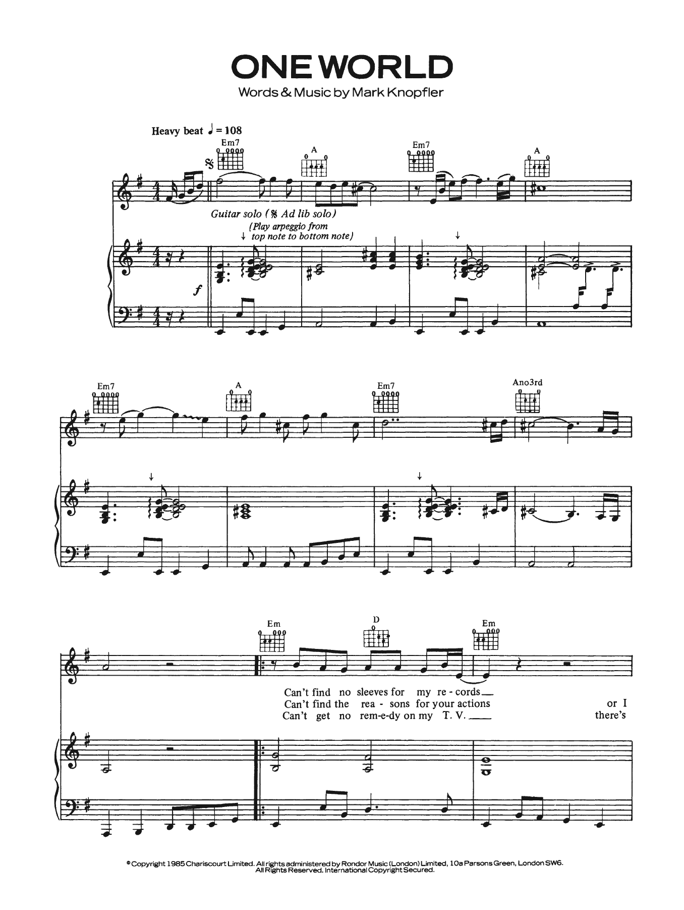 Dire Straits One World Sheet Music Notes & Chords for Lyrics & Chords - Download or Print PDF