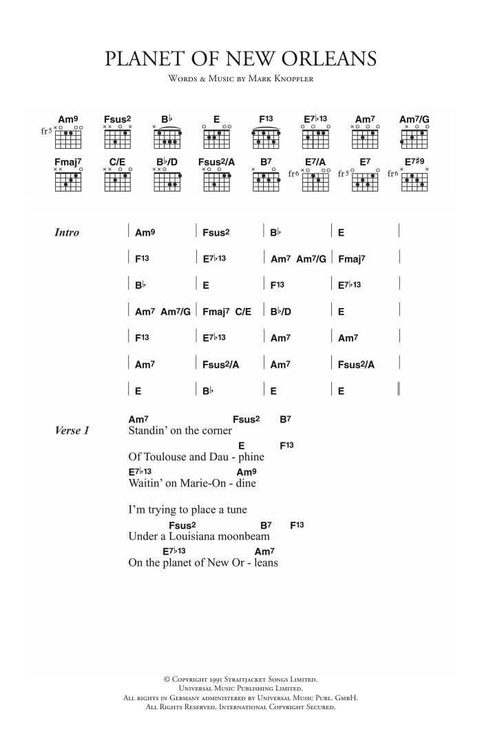 Dire Straits Planet Of New Orleans Sheet Music Notes & Chords for Lyrics & Chords - Download or Print PDF