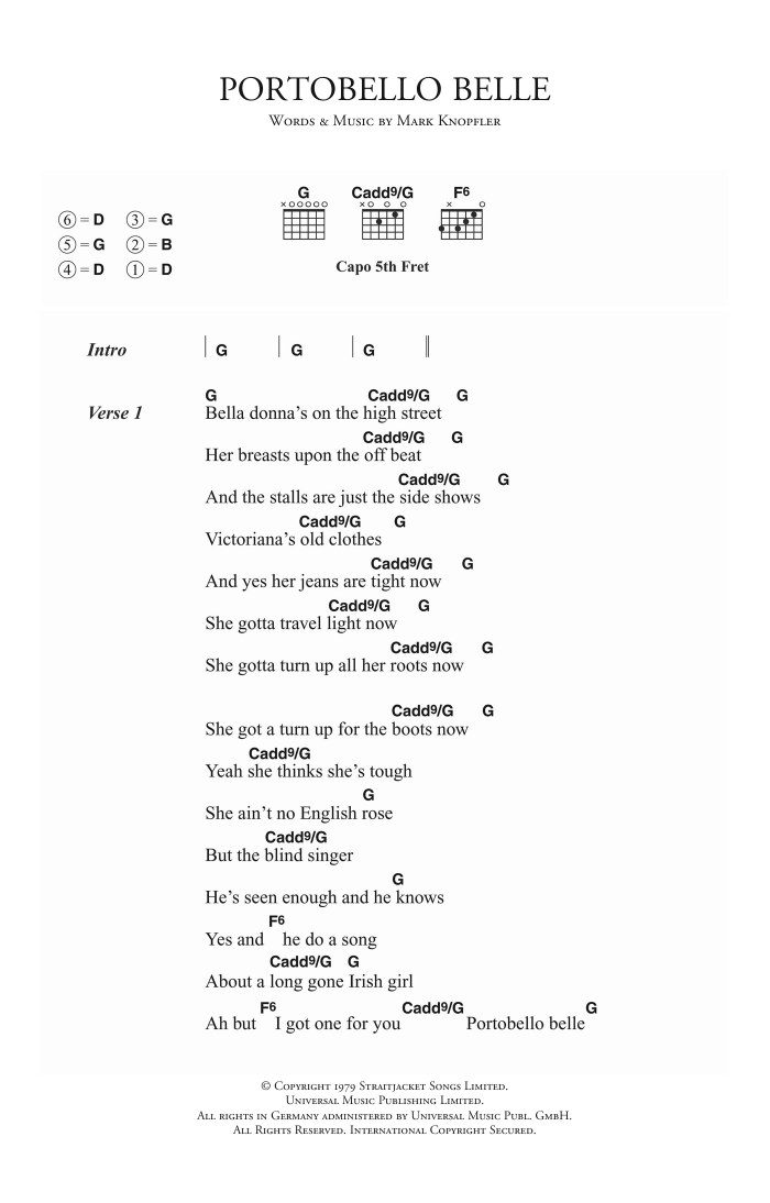 Dire Straits Portobello Belle Sheet Music Notes & Chords for Lyrics & Chords - Download or Print PDF