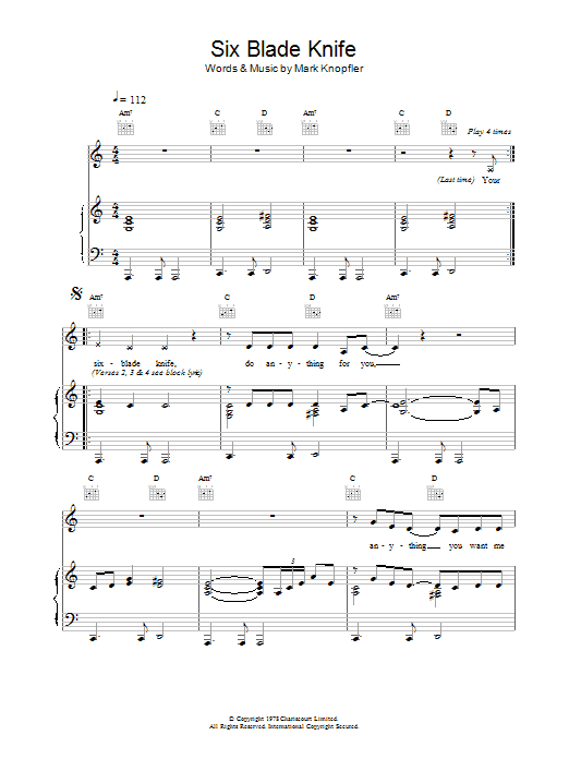 Dire Straits Six Blade Knife Sheet Music Notes & Chords for Piano, Vocal & Guitar (Right-Hand Melody) - Download or Print PDF