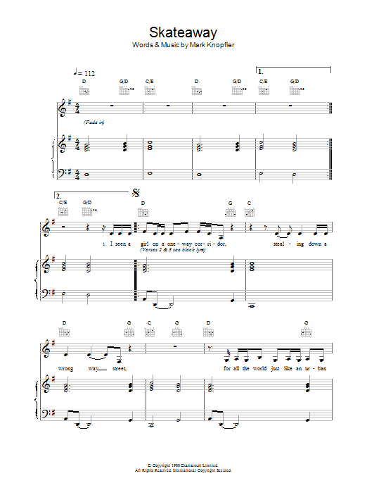Dire Straits Skateaway Sheet Music Notes & Chords for Piano, Vocal & Guitar (Right-Hand Melody) - Download or Print PDF