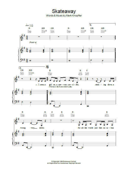 Dire Straits Skateaway Sheet Music Notes & Chords for Lyrics & Chords - Download or Print PDF