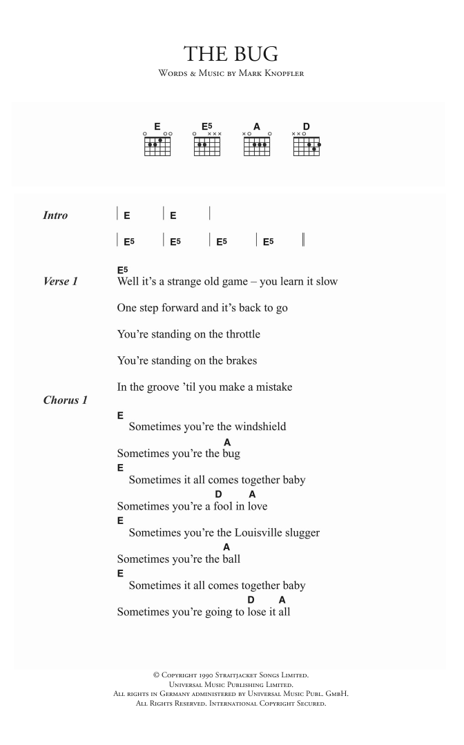 Dire Straits The Bug Sheet Music Notes & Chords for Lyrics & Chords - Download or Print PDF