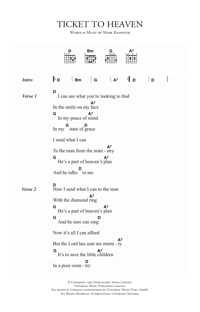 Dire Straits Ticket To Heaven Sheet Music Notes & Chords for Lyrics & Chords - Download or Print PDF