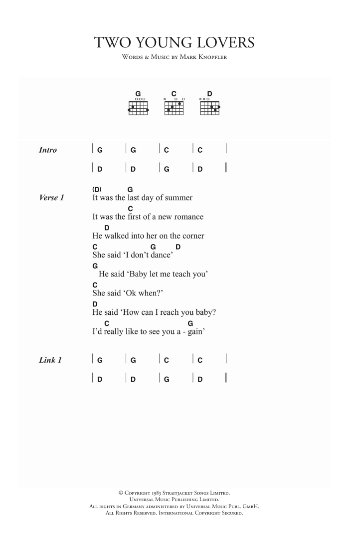 Dire Straits Two Young Lovers Sheet Music Notes & Chords for Lyrics & Chords - Download or Print PDF
