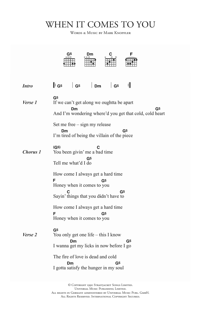 Dire Straits When It Comes To You Sheet Music Notes & Chords for Lyrics & Chords - Download or Print PDF