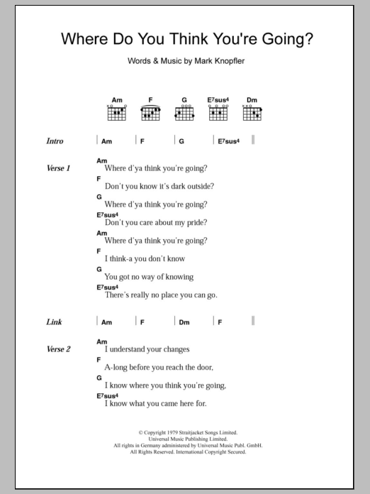 Dire Straits Where Do You Think You're Going Sheet Music Notes & Chords for Lyrics & Chords - Download or Print PDF