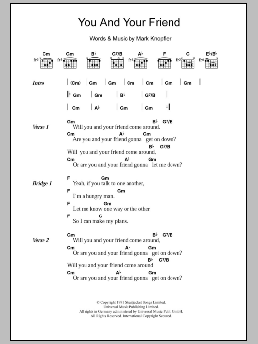 Dire Straits You And Your Friend Sheet Music Notes & Chords for Lyrics & Chords - Download or Print PDF