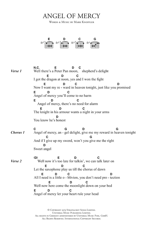 Preview Dire Straits Angel Of Mercy Rock sheet music, notes and chords for Piano, Vocal & Guitar, SKU: 14985 sheet music, piano notes, chords, guitar tabs, score, transpose, transcribe, how to play, guide, download, learn, tutorial, progression, song, artist, awards, billboard, mtv, vh1, tour, single, album, release